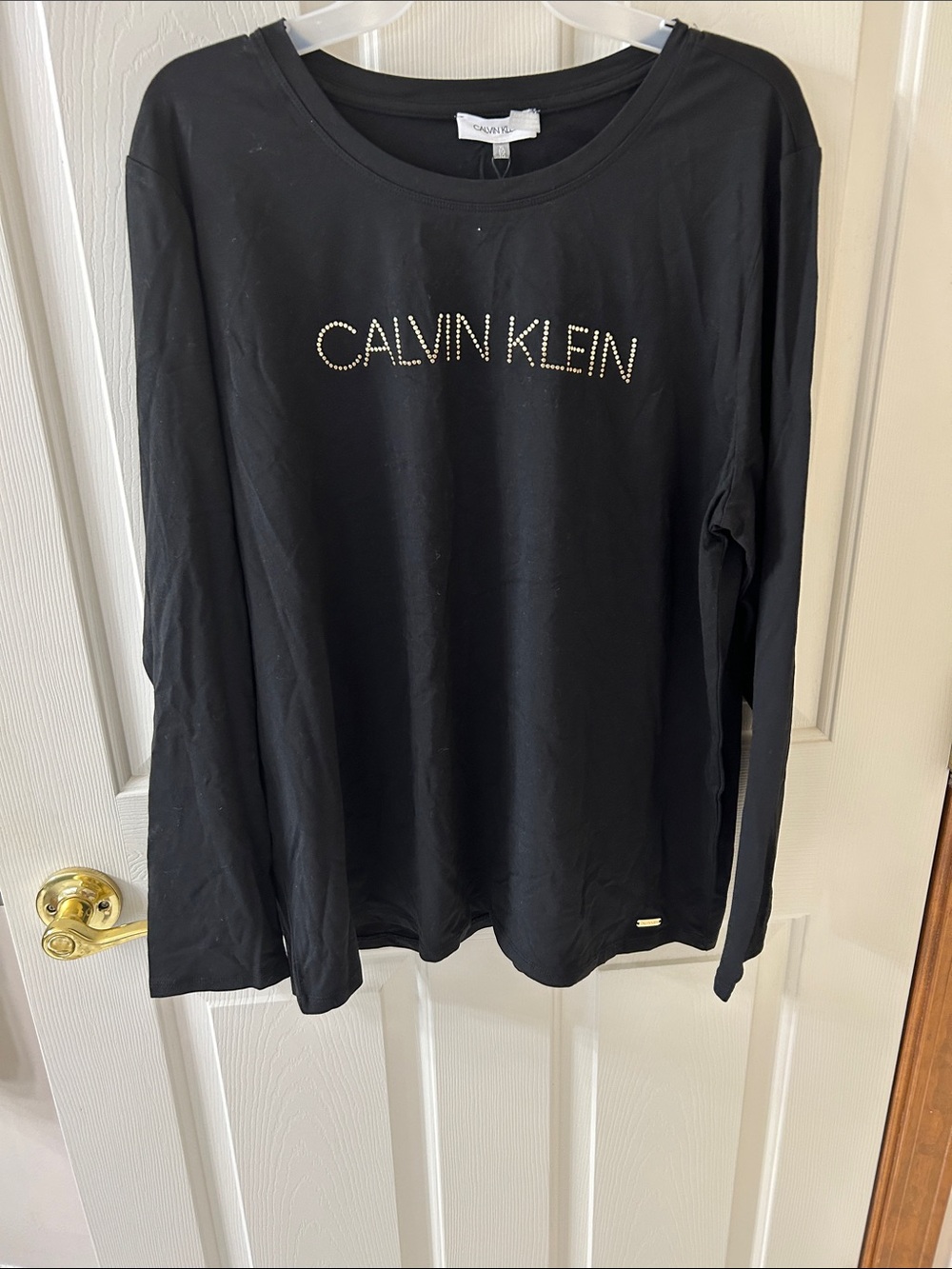Calvin Klein Black Long-Sleeve Logo Tee with Rhinestone Detail